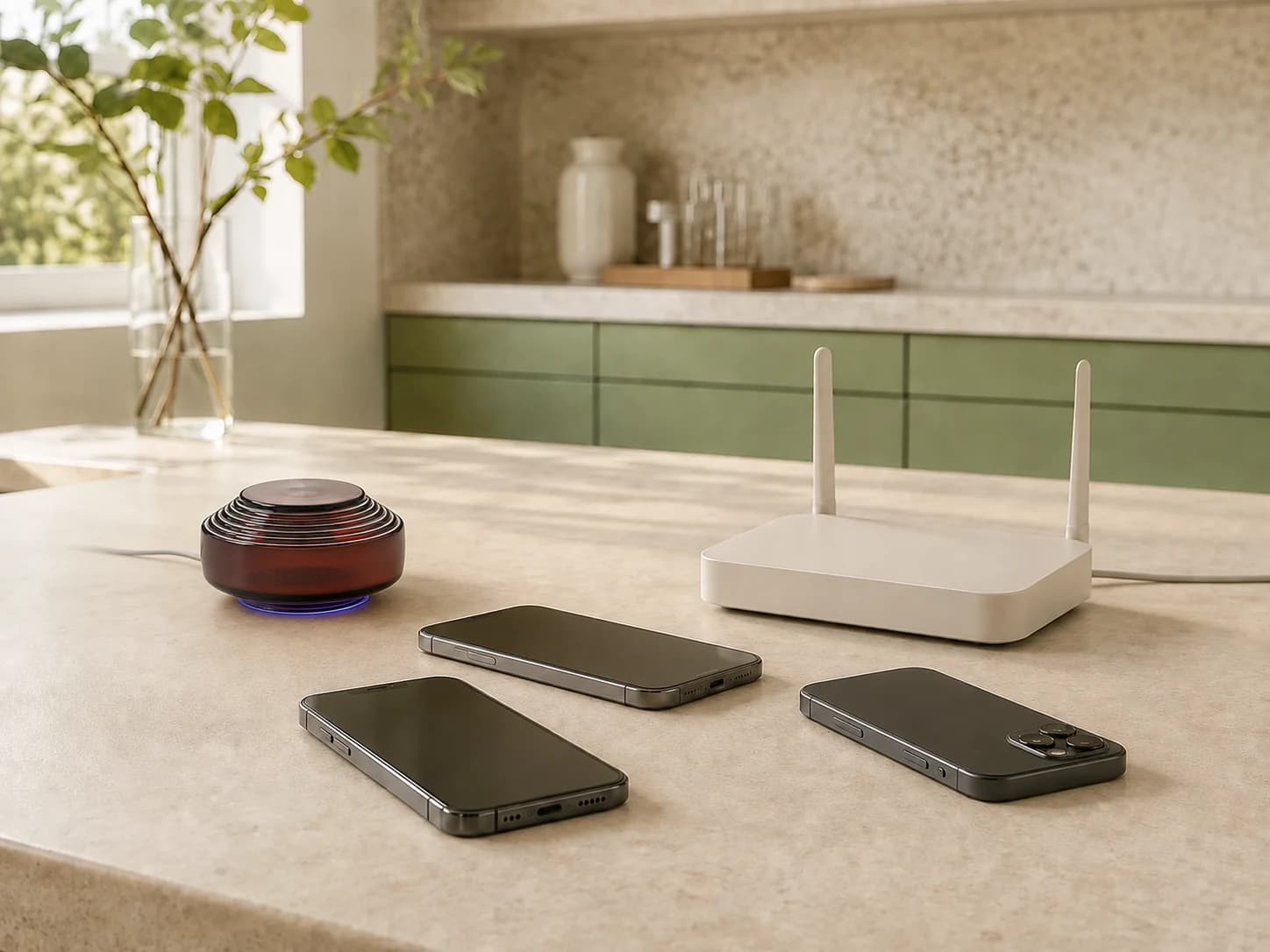 Somavedic Amber vedle tří mobilních telefonů a Wi-Fi routeru na světlé kamenné desce v prosluněné místnosti.