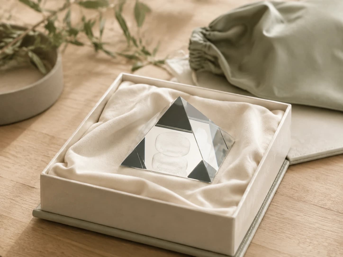 Křišťálová Pyramida vypodložená látkou v otevřené ochranné krabičce.